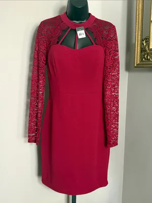NEW Guess Size 6 Red Floral Lace Sleeve Sheath Bodycon Dress NWT thumbnail 2
