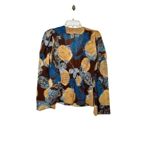 Vintage Y2K Floral Mesh Top Brown Blue Lace Up Bell Sleeve Sheer Blouse Size 7 thumbnail 2