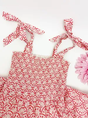 Mon Coco Lucy Convertible Smocked Tiered Maxi Midi Dress Red Vines Block Print thumbnail 5