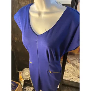 Forever‎ 21 Royal Blue Cap Sleeve Sheath Dress Gold Zip Pockets Size S thumbnail 4