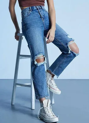 PacSun Eco Medium Blue Distressed High Waisted Straight Leg Jeans thumbnail 2