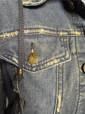 Free People Distressed Denim Jean Jacket W/ Knit Sleeves & Hood thumbnail 9