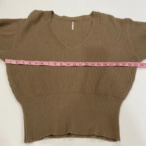 Free People Ribbed Knit V Neck Sweater XS Tan Fitted Cropped Boho thumbnail 5
