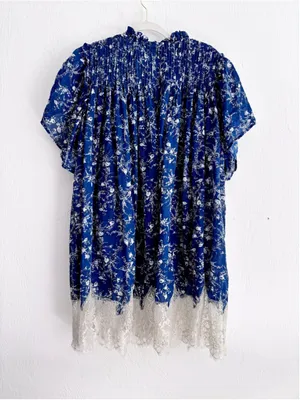 Women's Free People Blue Floral Mini Dress with Lace Trim, Size L thumbnail 2
