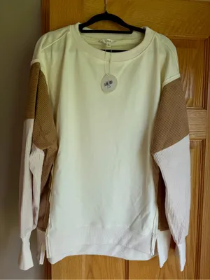 Oddi Neutral Colorblock Terry Knit Sweatshirt Corduroy Ribbed Panels Small thumbnail 1