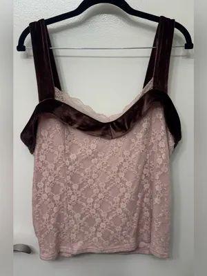 NWT By Anthropologie Velvet Trim Lace Tank Top | Romantic Cami thumbnail 2