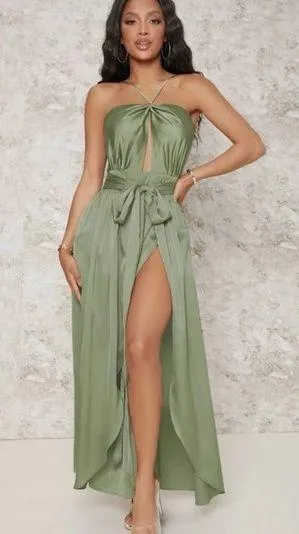 Satin Backless Cut Out
Belted Split Thigh Dress Small thumbnail 1