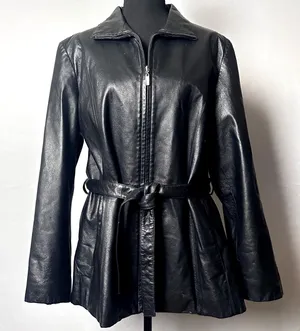 Vintage Outbrook Black Leather Jacket Womens Large Belted Zip Coat 90s thumbnail 1