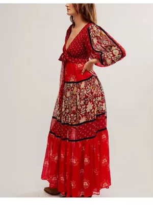 Free People Bali Laurel Maxi Dress Size Small NWT Red Combo thumbnail 2