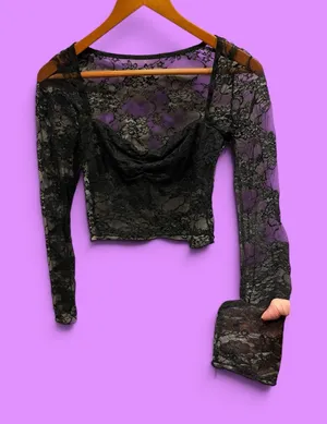 Source Unknown Cute black lace crop long sleeve sweetheart neck distressed top goth costume thumbnail 1