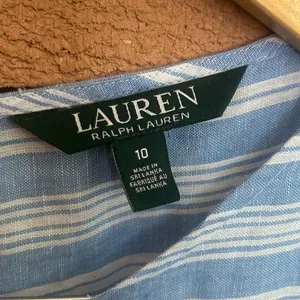 Lauren Ralph Lauren Blue & White Striped 100% Linen Wife Leg Jumpsuit Size 10 thumbnail 4