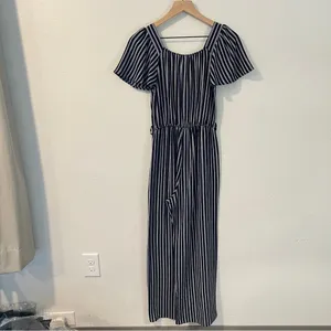 Monteau Crepe Blue &‎ White Striped Flutter Sleeve Jumpsuit Size S thumbnail 2
