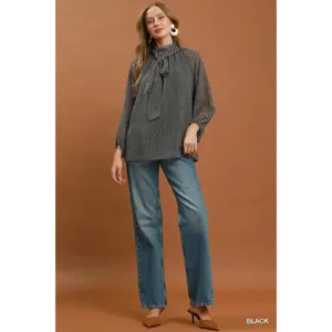 Umgee Dot Print Tie Neck Long Sleeve Blouse - Black - Large thumbnail 5
