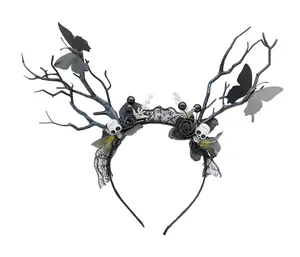 Black Gothic Headband with Skulls and Butterflies thumbnail 1
