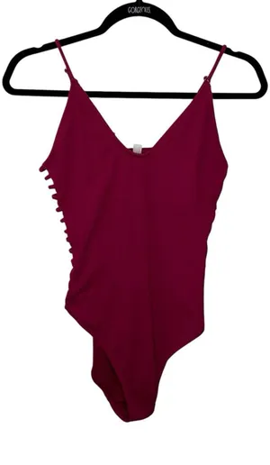 Arizona Jeans Dark Pink V Neck Textured One Piece Swimsuit Cut Outs Size Medium thumbnail 1
