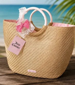 NWT Juicy Couture Woven Beach Tote Straw Bag Pink Lined Summer Resort Purse thumbnail 1