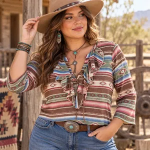 Chaps Denim Southwestern Womens Top Sz L Ruffle Lace Up Aztec Boho Y2K Western thumbnail 1