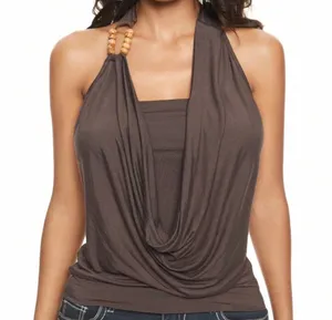 Romwe brown cowl halter top thumbnail 1