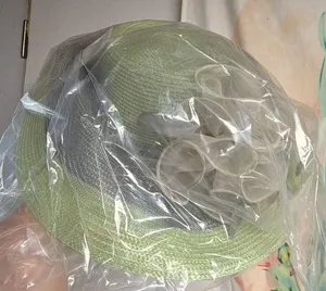 Green and Grey Straw Sun Hat with White Flower Accent thumbnail 3