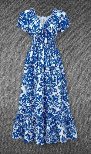 Blue White Floral Smocked Puff Sleeve Maxi Dress Size M thumbnail 1