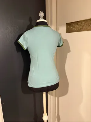 Anthropologie Pilcro Light Aqua Ringer 100% Cotton Tee with Olive Trim thumbnail 3