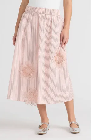 NVLT Applique‎ Poplin Midi Skirt Pink Multi-Rose Stripe Floral Sequin NVLTWS6124 thumbnail 1