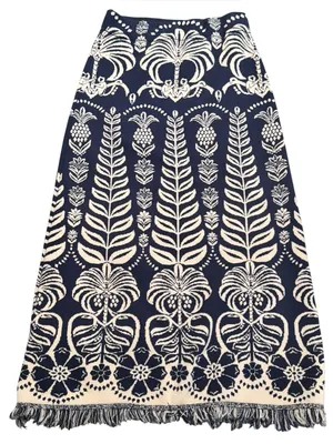 FARM Rio Ainika Tropical Splendor Knit Midi Skirt Navy Blue Cream Fringe M thumbnail 5