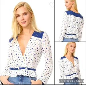 Free people size small long sleeve top mixed media g Navy White Patterned Blouse thumbnail 3