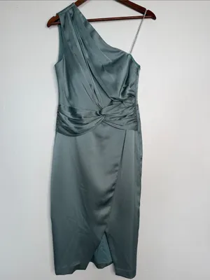 Kay Unger Sage Green One Shoulder Draped Satin Midi Cocktail Dress 6 NWT thumbnail 2