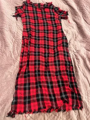 Red and Black Plaid Midi Dress with Frayed Edges thumbnail 1