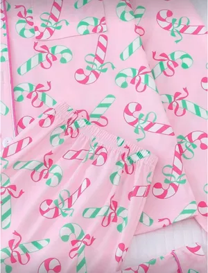 SheIn 2pcs/Set Christmas Candy Cane & Gift Print Pajama Set For Women thumbnail 5