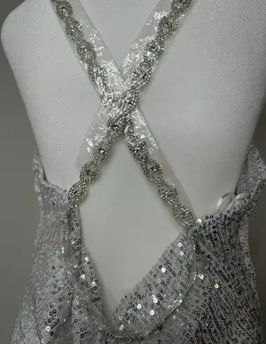 Silver Sequin Cowl Neck Mini Dress Sz M thumbnail 5