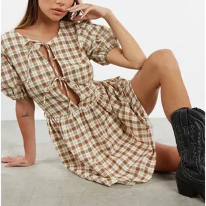 Motel Plaid Puff Sleeve Tie-Front Dress Size S Brown & Green Check Cottagecore thumbnail 4