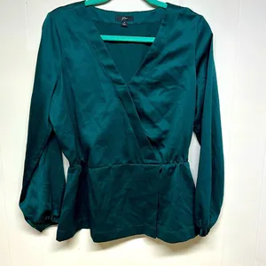 J CREW Woman's Green Satin Surplice Long Sleeve Top Peplum Blouse SZ M thumbnail 1