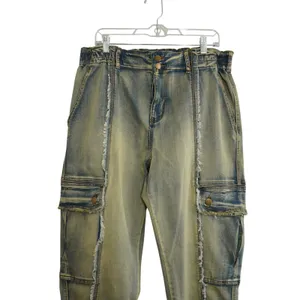 Oli‎ & Hali Yellow Wash Distressed Cargo Jeans XL Fringed Raw Edge Utility Pants thumbnail 2