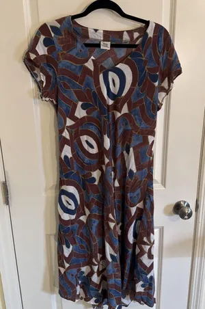 Türkis Otantik V Neck Blue & Brown Lightweight Cotton Midi Dress Medium thumbnail 1