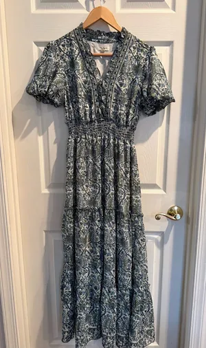 Max Studio Blue Floral V-Neck Smocked Maxi Dress thumbnail 1