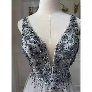 Dave & Johnny Grey Navy Blue Beaded Prom Dress Formal Ball Gown $438 0 thumbnail 3