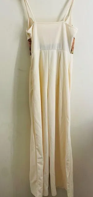 Floral Tapestry Waist Wide Leg Cream Jumpsuit Draped Neck Size M thumbnail 2
