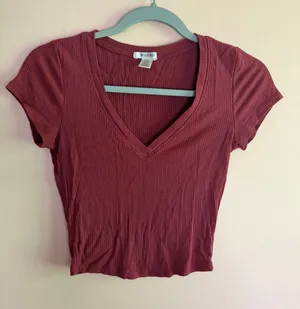 Bozzolo Burgundy Ribbed V-Neck Crop Top thumbnail 1