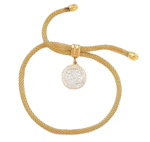 TJ Maxx Crystal Rhinestone Flat Round Charm Slider Bracelet with Round Mesh Chain for Women, Golden thumbnail 1