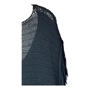 Zara Sweater Women Small Black Open Knit V Back Fringe Sides Short‎ Sleeve Tunic thumbnail 5