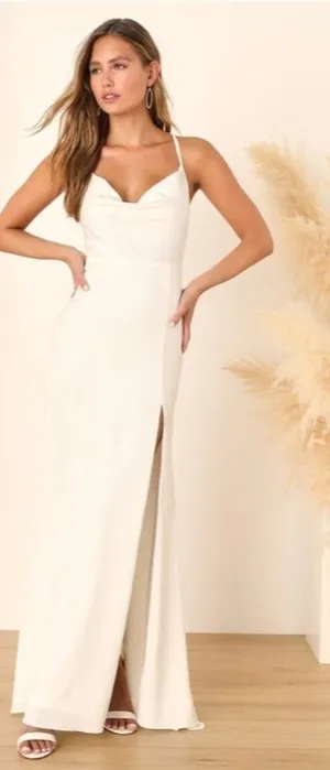 LULU's Bridal Sexy Sophisticated White Satin Cowl Neck Chic Wedding Gown thumbnail 1