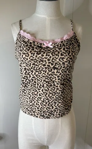 Leopard Print Lace-Trim Cami with Pink Accent Sz M thumbnail 1