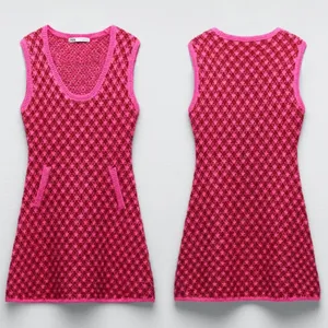 Zara PLAID KNIT Sleeveless Mini A-Line Dress w/ Round Neckline Size S Pink NEW thumbnail 15