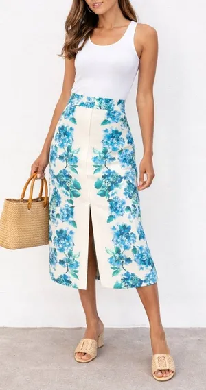 Tuckernuck Kennedy Midi Skirt M Hydrangea Floral Water’s Edge NWT thumbnail 1