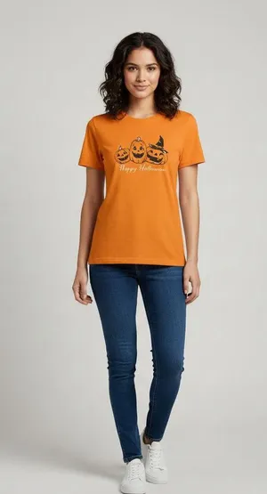 Women's Orange Black Halloween Pumpkin Print Short Sleeve Tee L thumbnail 2