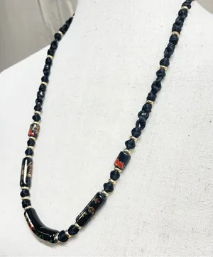 Vintage Black Floral‎ Ceramic Bead Cord Necklace Witchy Goth Romantic thumbnail 1