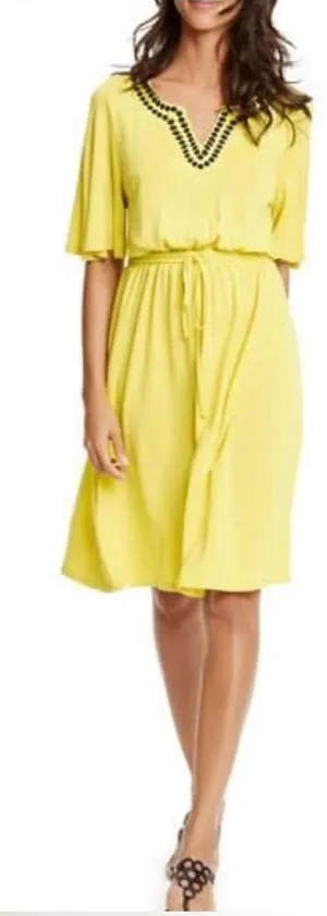 Boden Estelle Dress US 2‎ Yellow Linen Blend Drawstring Waist Embroidered Neck thumbnail 1