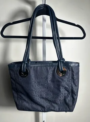 Oroton Navy Monogram Jacquard Leather Trim Shoulder Tote Bag Y2K thumbnail 1